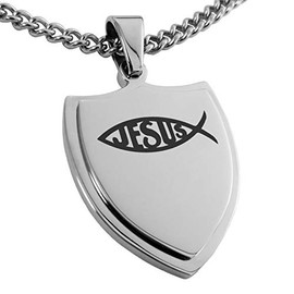 Tioneer Stainless Steel Ichthus Jesus Fish Shield Pendant Necklace