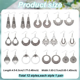 ANATTASOUL 12 Style Antiqued Tibetan Silver Earring Bohemian Engraved Earrings Vintage Dangle Earrings for Women Retro Ethnic Earrings Jewelry Tibetan Flower Earring Drop Assorted Pack
