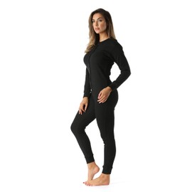 6363-BLK-L #FollowMe Women's Solid Thermal Henley Onesie, Black, Large