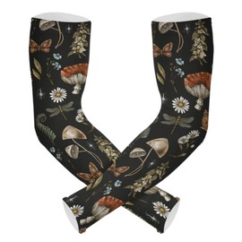 Gardening Sleeves Mushrooms Butterfly Daisy Flowers Leaves Farm Sun Protective Arm Sleeves with Tumb Hole for Yard Work Spring Black Cooling Arm Guards for Biting Gardening Gifts for Women
