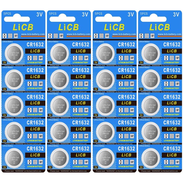 LiCB 20 Pack CR 1632 Batteries, Long-Lasting & High Capacity CR1632 Lithium Battery,3 Volt CR1632 Coin & Button Cell for Car Remote & Key Fob