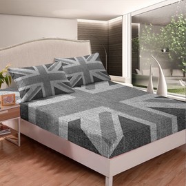 Loussiesd United Kingdom Flag Bed Sheet Set Union Jack Bedding Set Grey UK Flag Fitted Sheet For Kids Adults Geometric No Flat Sheet Ultra Soft Single Size