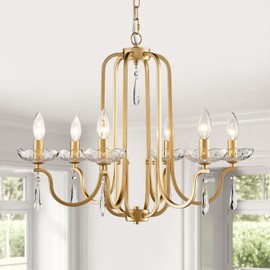 Cabvope Gold Candle Metal Crystal Chandeliers 6-Light for Dining Room Modern Farmhouse 23.8 Inch Large Pendant Lighting Fixture Adjustable Height Ceiling Lamp for Hallway Kitchen Island Bedroom Lamp