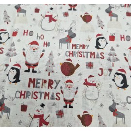 Christmas Fabric - Father Christmas Snowman Robin Reindeer Xmas Trees on White Craft Fabric Material Metre