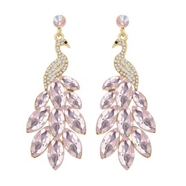 Vintage Peacock Dangle Earrings for Women Girls Green Crystal Feather Peafowl Statement Drop Dangling Earring Boho Exaggerated Birthday Holiday Jewelry Gifts (Light Pink)