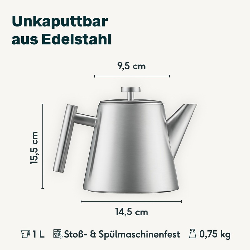 SILBERTHAL Stainless Steel Teapot with Strainer Insert (1L) Silver -