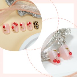 Press on Nails Short Square Fake Nails with Cherry Leopard Designs Acrylic Nails Press ons Glossy Glue on Nails Nude False Nails Artificial Stick on Nails for Women 24 Pcs