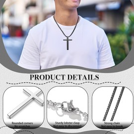 2pcs Cross Necklace for Men, Women, Stainless Steel Plain Cross Pendant Necklace, Mens Cross Chain Necklaces, Silver+Black