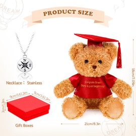 Zhanmai 5 Pcs 2025 Graduation Gift Set Include Graduation Plush Bears Encouragement Inspirational and Compass Necklace for Preschool Kindergarten Primary College High School Party Favors (Red)