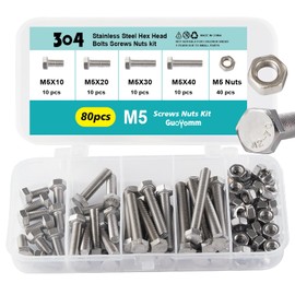 GuoYomm M5 x 10mm 20mm 30mm 40mm Hex Head Bolts and Nuts, M5 x 0.8 Bolts, Hexagon Head Screws, Stainless Steel 304, Bright Finish, Fully Thread, Assortment Kit 80PCS