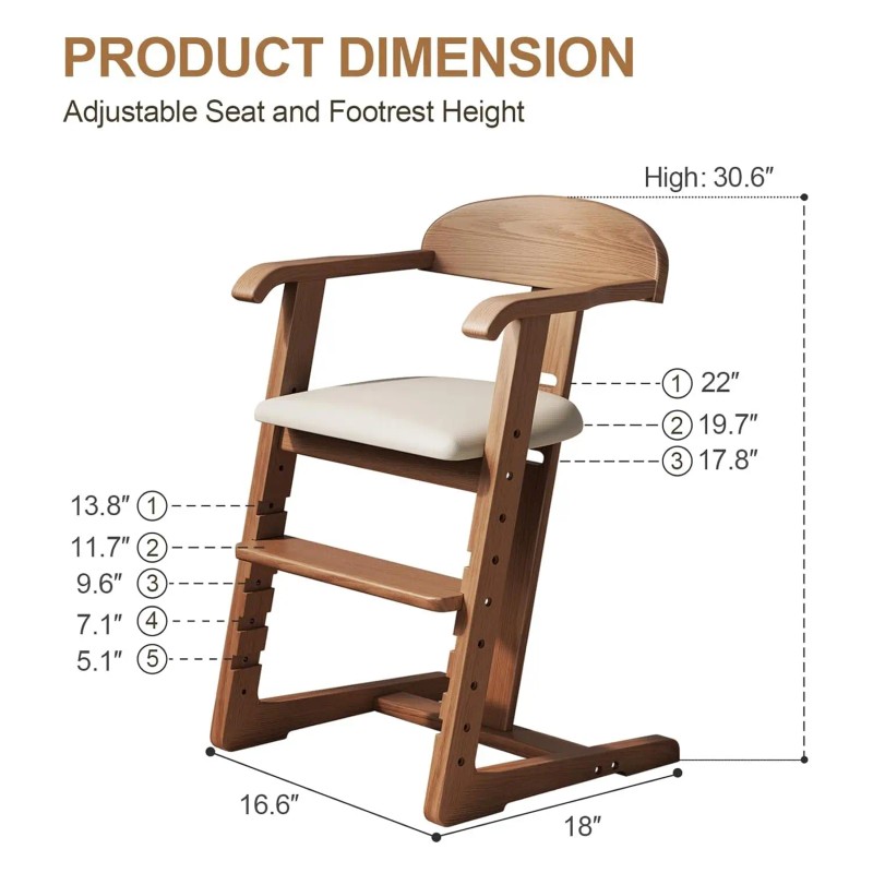 Solid Wood Toddler High Chair Modern Design Adjustable Height Easy