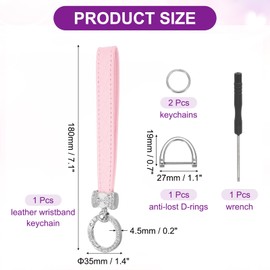 sourcing map Leather Wristlet Keychain Car Key Chain Wristlet for Women, 7 Inch Key Fob Holder Bow Style with D Ring and 2 Ring for Wallets Purse, Silver Tone/Pink