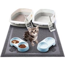 Sliner 7 Pcs Kitten Litter Box Starter Kit, 2 Plastic Small Kitty Litter Box Training Low Entry Cat Litter Box with Scoop, 2 Whisker Friendly Double Cat Bowl and Litter Mat for Kitten Indoor (Gray)