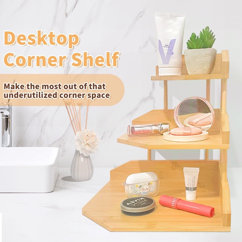 HYNAWIN Bamboo Corner Desk Organizer Shelf, 3-Tier Triangle Storage Rack
