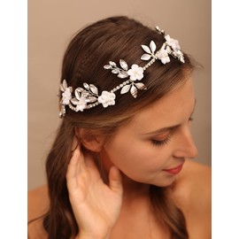 Teyglen Bridal Flower Headband Hair Vine With Crystal Pearls Floral Gold Leaf Headband Handmade Flower Hair Pieces Wedding Hair Accessories for Brides Headpieces for Women (Gold)