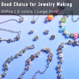 stino 50pcs Large Hole Metal Spacer Beads for Bracelet Necklace Keychain Making, European Rhinestone Focal Beads, Jewelry Findings & Supplies, Mixed Style (50Pcs Rhinestone)