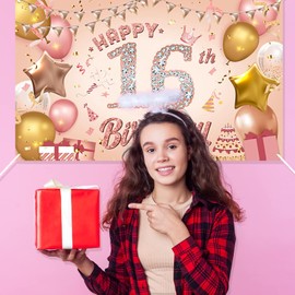 Happy 16th Birthday Banner Rose Gold Birthday Party Decoration Backdrop, 16th Birthday Poster Fabric Banner Photography Background for Girls Women, 110 x 180 cm(16th)