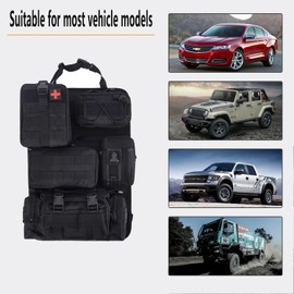truck seat organizer and storage tactical car back seat back organizer with a Molle Vehicle Panel and 5 Different Size Molle Pouches for most models such as Jeep,SUV,Pickup (Black)
