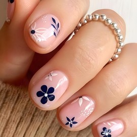 Press on Nails Short Square Fake Nails with Flower Leaves Dot Designs Pink Translucent Acrylic Nails Glossy Glue on Nails Full Cover Artificial Nails Reusable Stick on Nails for Women 24 Pcs
