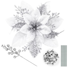 CraftyDream 65pcs Christmas Poinsettia Artificial 5.9", Glitter Berries with Stems, Clips for Christmas Tree Decoration, Wreath Ornaments for Xmas Wedding Party Decoration(Silver)