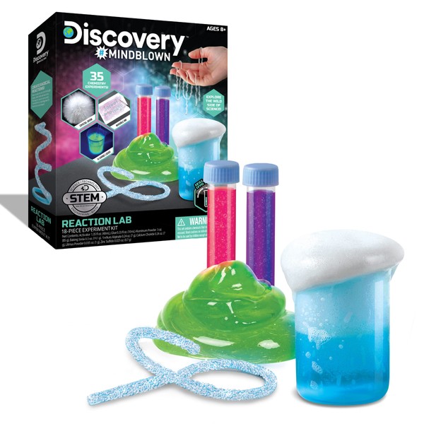 Discovery #Mindblown Reaction Lab Chemistry Set, 18-Piece Experiment Kit, 35 Unique Activities, Only Household Items Needed, Create Slime, Goo, Invisible Ink, and More, for Ages 8 and Up