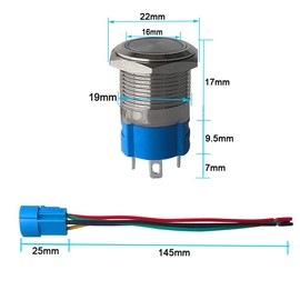 QitinDasen 3Pcs Premium 12V/24V 5A Momentary Push Button Switch, 19mm Car Ignition Starter Switch, White LED Light Stainless Steel IP67 Waterproof Switch with Socket Plug Wire