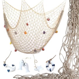 Dantolo Fishing Net Decoration with Shells, Pack of 14 Natural Shells and Sea Decoration, Mediterranean Style for Beach Parties, Weddings, Photography Wall Decoration, 150 x 200 cm