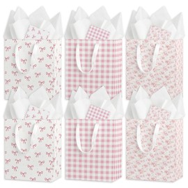 Coquette Charm Pink Bow Gift Bags Set of 6 - Medium Sized 9" Bags with Handles incl. Matching Tissue Paper, Cards in Pink for Girl- Reusable & For Presents of Any Birthday, Weddings，Bridal Shower