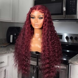 ANDRIA 13x4 HD Transparent Lace Front Wigs 26 Inch 99J Burgundy Deep Wave with Baby Hair Pre-Plucked Glueless 200% Density Natural Color Long Deep Curly Wigs For Black Woman