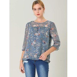 Allegra K Women's Casual Ruffle 3/4 Sleeve Floral Print Chiffon Blouse Large Grey Blue
