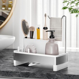 Ewaiira Toothbrush Holders for Bathrooms, Stainless Steel Tooth Brushing Holder Electric Toothbrush and Toothpaste Organizer Bathroom Accessories for Countertop, Shower, Sink - White