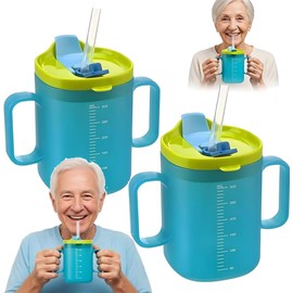 BIZOI 2PCS Elderly Spill Proof Cups, 300ml Unspillable Cup with 2 Handles, Feeding Cup Drinking Cup with Lid and Straw, Adult Sippy Cups with Accurate Scale for Patients Disabled Elderly (Blue)