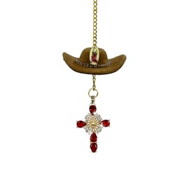 UHANBUT Western Cowboy Hat and Cross Car Rear View Mirror Charm, Bling Crystal Auto Ornament, Country Vehicle Hanging Pendant, Miniature Handcrafted Felt Car Decoration for Women, Girls (Coffee)