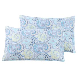 STYHO 100% Egyptian Cotton Floral Printed Pillow Cases 2 Pack Fade Resistant Standard Size Pillow Cover for Hair and Skin Soft Cozy and Breathable(Light Blue,50 x 75cm)