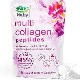 Multi Collagen Peptides Powder, 1LB | (Type I, II, III, V, X) with HyaluronicAcid, Biotin & Vitamin C,Supports Hair, Skin & Joint Health,Unflavored