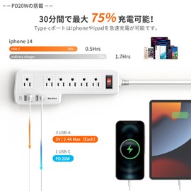 Micshion Power Strip with Type-C (PD Function), Outlet (2400 W), Extension Cord 6.6 ft (2 m), 6AC Charging Port, 4 USB Ports, Fixed Hook for Wall Mounting, Fast Charging, Lightning Guard, Overload