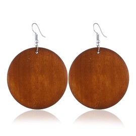 Round Circle Natural Wood Earrings for Women Handmade Big Lightweight Geometric African Retro Earrings (Dark Brown)