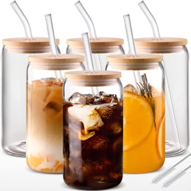 Glass Cups with Lids and Straws 6pcs, 16oz-DWTS Cute Tumber,Beer Drinking Glasses,Clear For Iced Coffee, Tea with Bamboo Lids for Gifts
