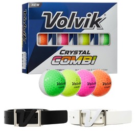 Volvik New Crystal Combi Dual Color Golf Balls 1 Dozen Bundle with Genuine Italian Real Solid Leather Belts (Black and White), Unisex