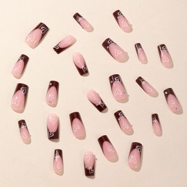 Brown French Tip Press on Nails Medium Long Square Valentine's Day Fake Nails with Heart Rhinestones Designs Nude False Nails Press ons Valentines Glossy Acrylic Glue on Nails for Women Girls 24 Pcs