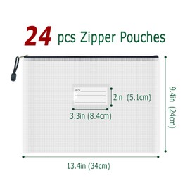 AUSTARK 24PCS Plastic Mesh Zipper Pouch Bags, Zipper File Bags with Label Pocket, Storage Bags for Board Games, Organization Bags for Office Home Travel Cosmetic (13.4''x9.4'', Black Zipper)