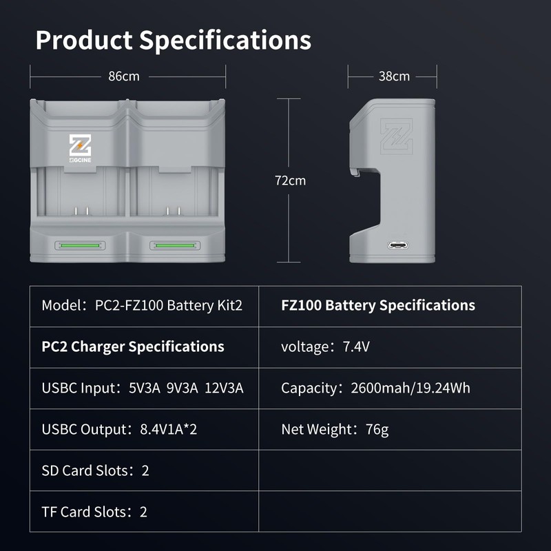 ZGCINE PC2-FZ100 2-Slot NP-FZ100 PD Battery Charger Case