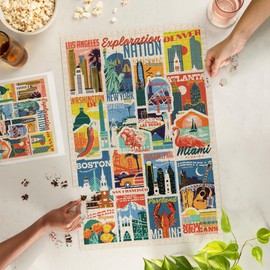 Lantern Press Woodblock Cities Collage, Exploration Nation, 1000 Piece Jigsaw Puzzle for Adults, Made in USA with Reference Poster