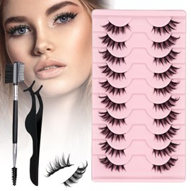 10Pair Cat Eye Half Eyelashes, Fluffy Natural False Eyelashes with Tweezers and Brush, Lightweight 3/4 Mink-Like Lashes for Everyday Wear, DIY Cat Eye Lashes Looking