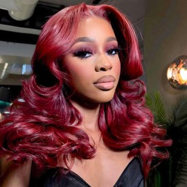 omswet Burgundy Body Wave Closure Bob Wig Human Hair 5x5 HD Lace Closure Human Hair Wigs For Black Women Pre Plucked Pre Bleached Human Hair Wig 200 Density Wear And Go Glueless Wig 18 Inch