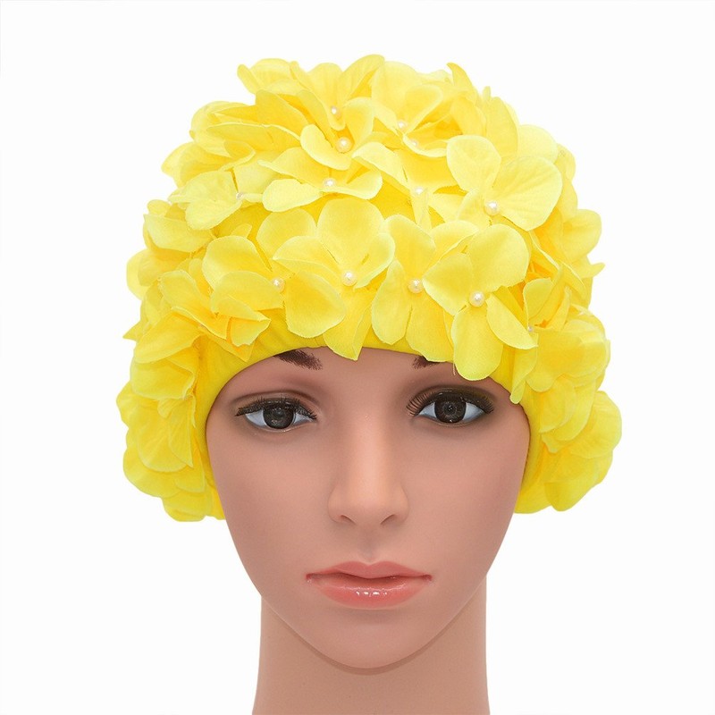 Medifier Women's Vintage Floral Leaf Retro Swimming Cap, yellow