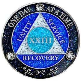 (Years 1-50) AA 23 Year Crystals & Glitter Medallion, Silver Color Plated, Black Rainbow, Blue Glitter and Three Clear Crystals, Epoxy Covered (AA 23 Year Crystals & Glitter Medallion)