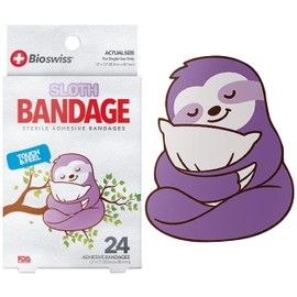 BioSwiss Bandages, Sloth Shaped Self Adhesive Bandage Set, Latex Free, Sterile Wound Care, 24 Count