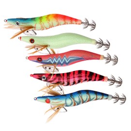 10pcs Wrapped Prawn Lure Octopus Shrimps Fishing Squid Jig Lures Kit Wooden Shrimp Wood Baits Artificial Spinner Lures Kit Glow Bait with Sharp Tackle Hooks (3.0#-10pcs)