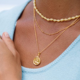 float Women's Gold Necklace Double Row Layering Chain with Pendant Made of 925 Sterling Silver and 18 Carat Gold-Plated - Length Adjustable, Sterling Silver Brass